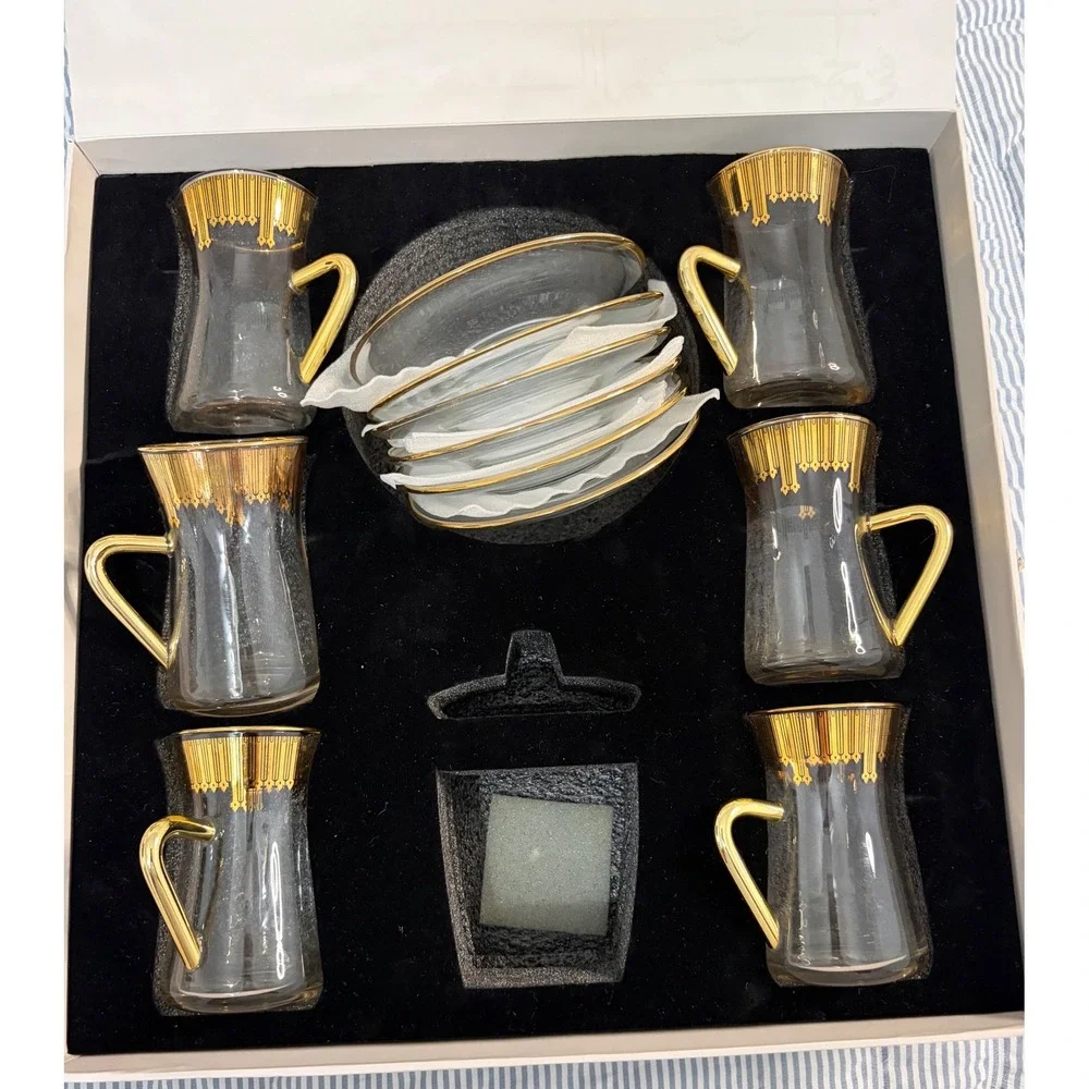 Otantik Home Mirral Turkish Tea Set 6 Cups 6 Saucers Gold Trim Glass Boxed New